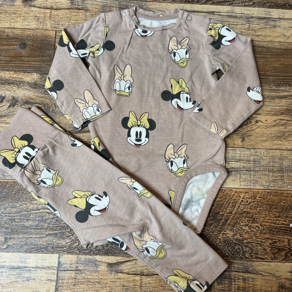 H&M Disney Minnie Mouse Daisy Outfit Baby Girl 9m Brown Organic Cotton